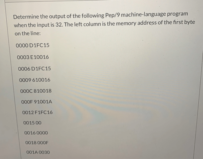 Determine the output of the following Pep/9