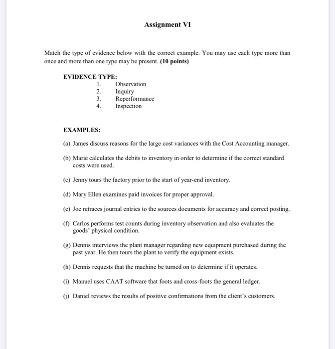 Solved Assignment VI Match The Type Of Evidence Below Wit...