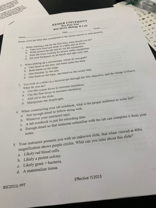 Solved KEISER UNIVERSITY PrePost Test BNC2011L Biology Lab