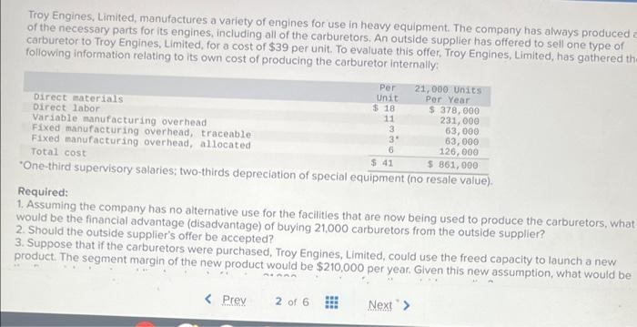 Solved Troy Engines, Limited, manufactures a variety of | Chegg.com