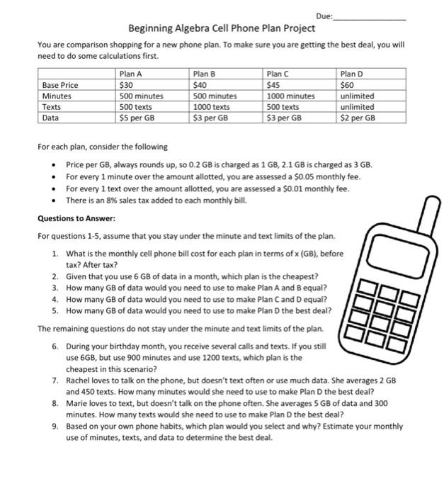 Beginning Algebra Cell Phone Plan Project You are