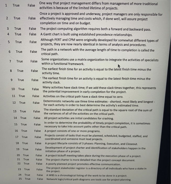 Solved 1 True False One Way That Project Management Diffe...