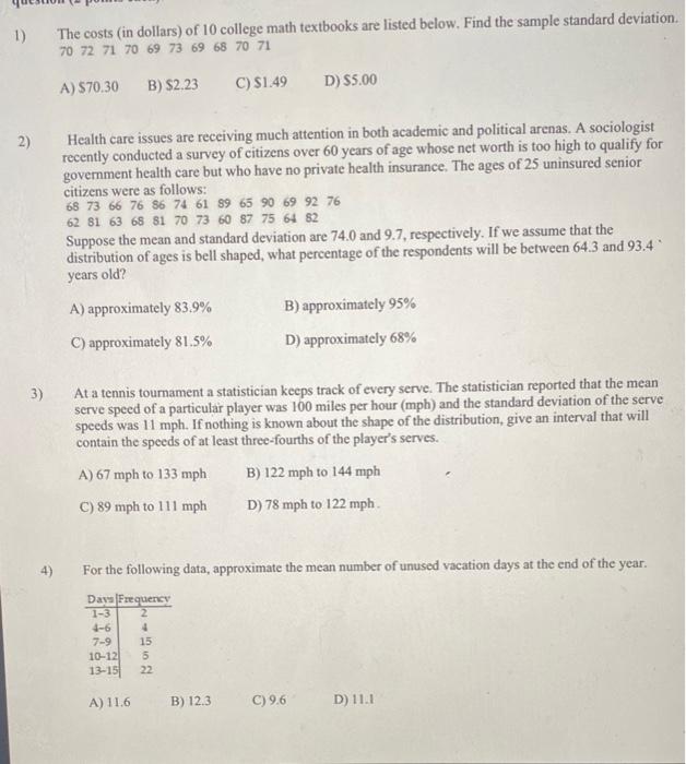 1) The costs (in dollars) of 10 college math