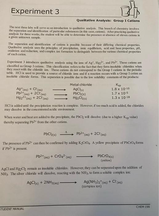 Solved Experiment 3 Qualitative Analysis Group 1 Cations