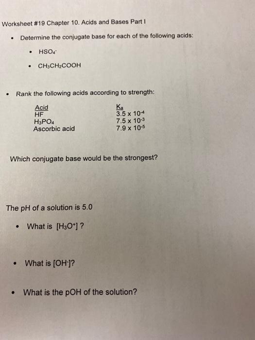Solved Worksheet 19 Chapter 10. Acids and Bases Part 1 .