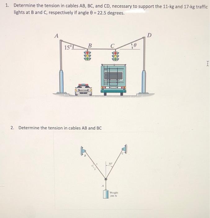 Solved 1. Determine the tension in cables AB, BC, and CD,