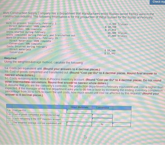 Solved Check my Alvis Construction Supply Company has a