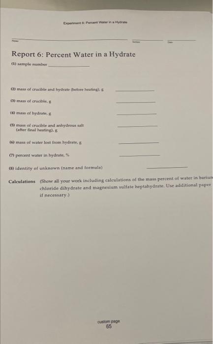 Report 6: Percent Water in a Hydrate (1) sample | Chegg.com