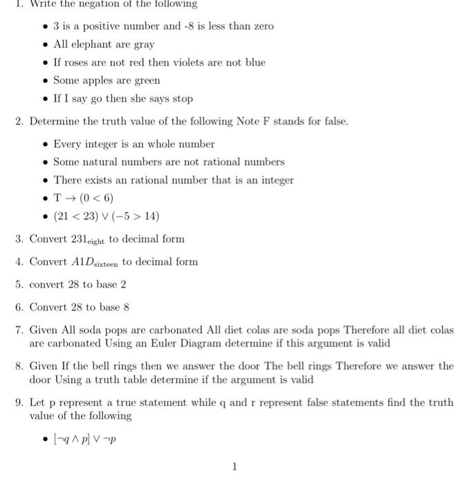 Solved 1. Write the negation of the following . 3 is a
