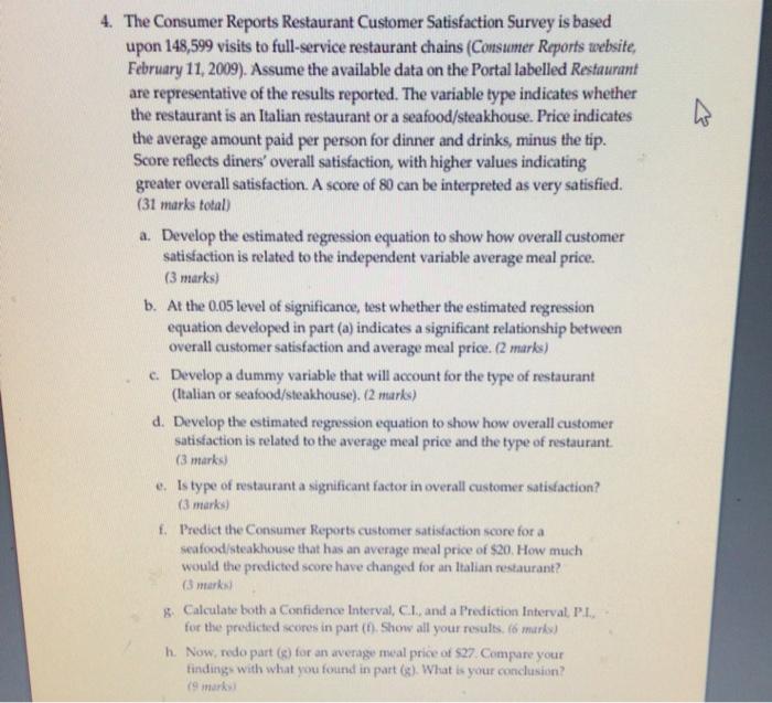 Solved The Consumer Reports Restaurant Customer Satisfaction