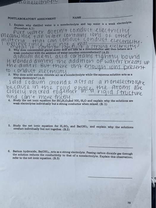 Solved Non Electrolyte POSTLABORATORY ASSIGNMENT 1. Expla...