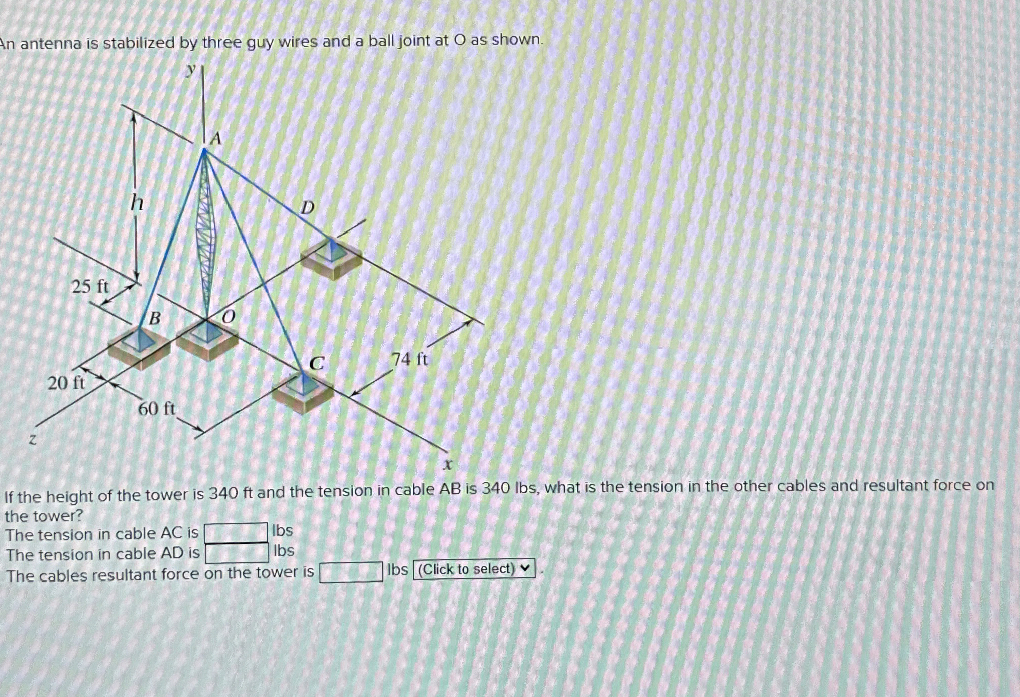 [Solved] An antenna is stabilized by three guy wires and a