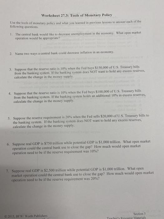 Solved Worksheet 27.3: Tools of Monetary Policy Use the | Chegg.com