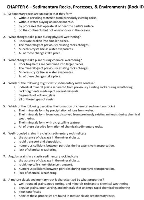 Solved CHAPTER 6 Sedimentary Rocks, Processes, &