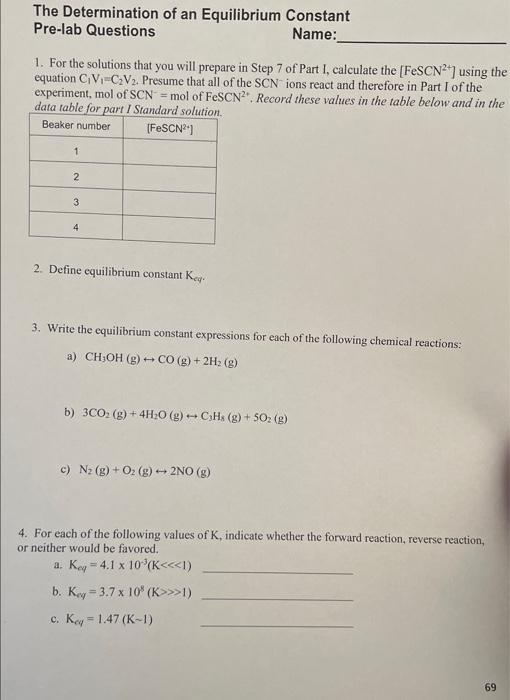 Solved The Determination of an Equilibrium Constant Pre-lab | Chegg.com