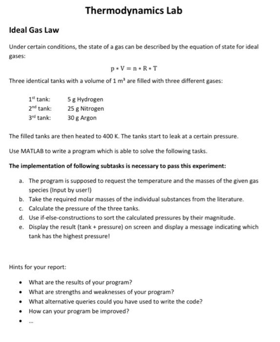 Thermodynamics Lab Ideal Gas Law Under certain