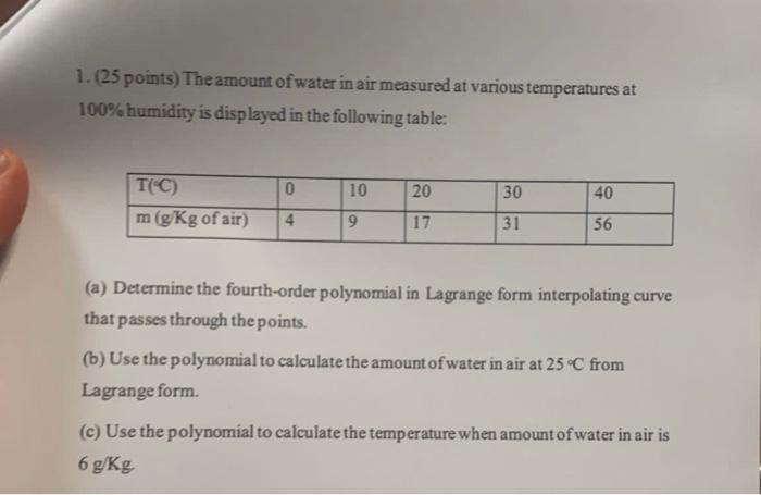 Solved 1. (25 points) The amount of water in air measured at | Chegg.com