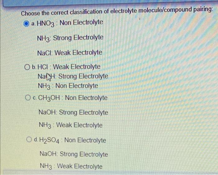 Solved Choose the correct classification of electrolyte | Chegg.com
