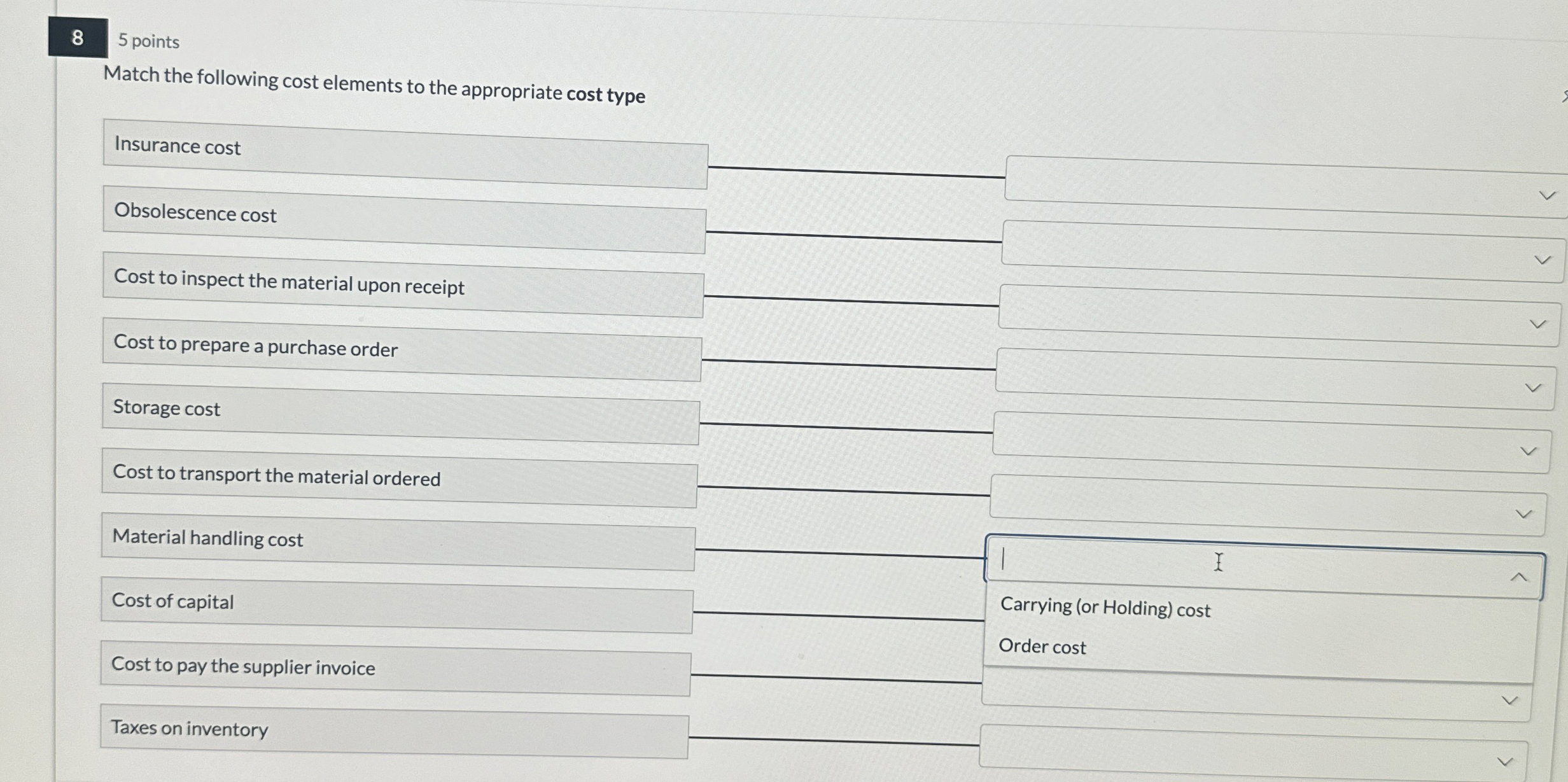 Solved Match the following cost elements to the appropriate