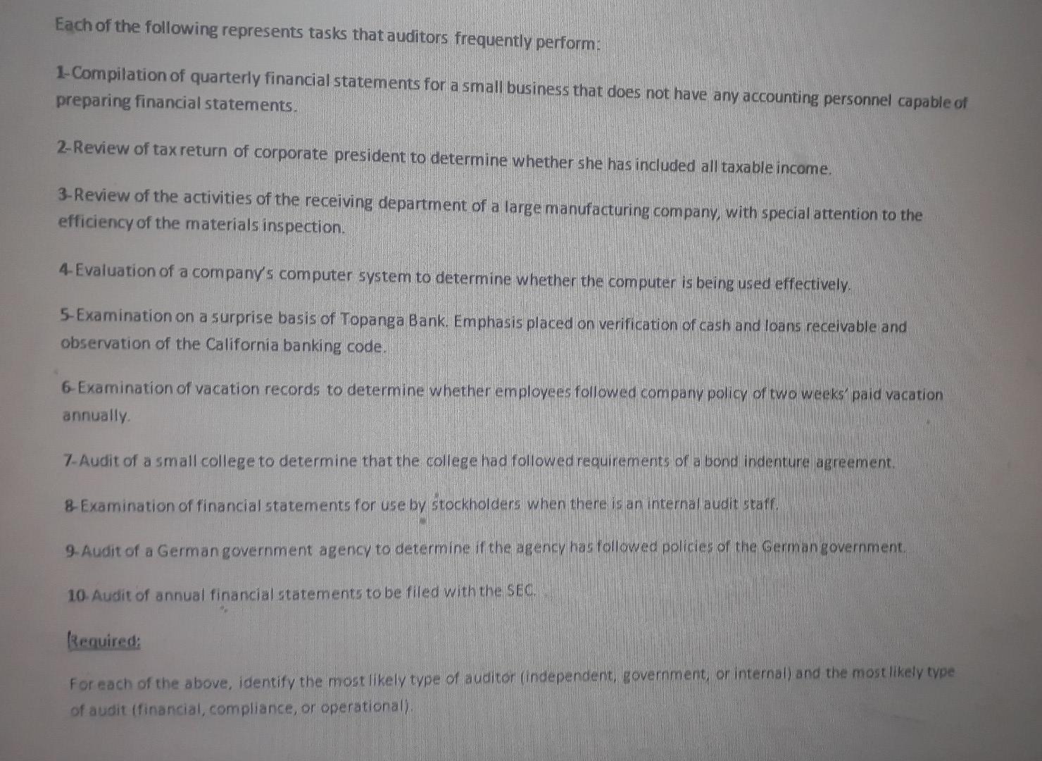 Solved Each of the following represents tasks that auditors 