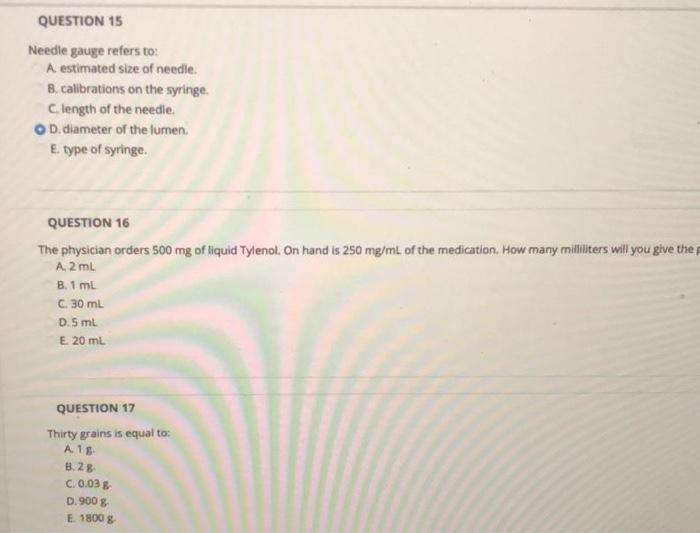 Solved QUESTION 15 Needle Gauge Refers To A Estimated Si
