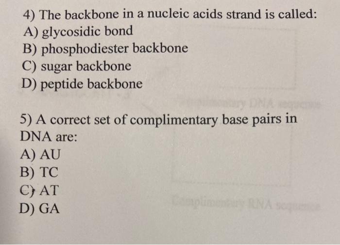 Solved 4) The backbone in a nucleic acids strand is called