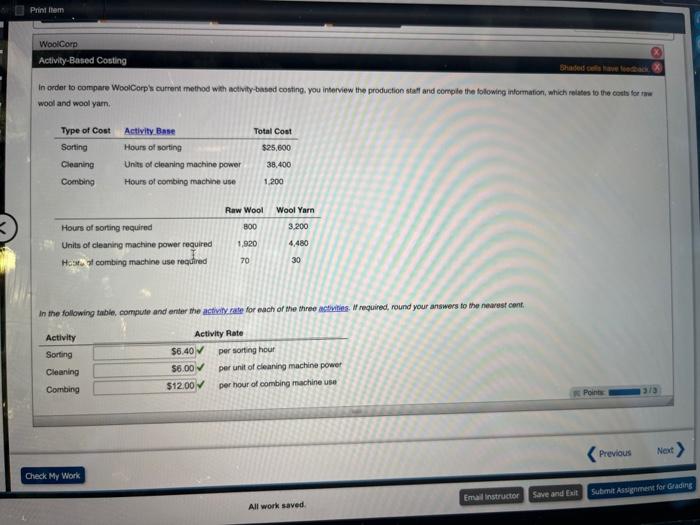 Solved Printem WoolCorp ActivityBased Costing She wack In
