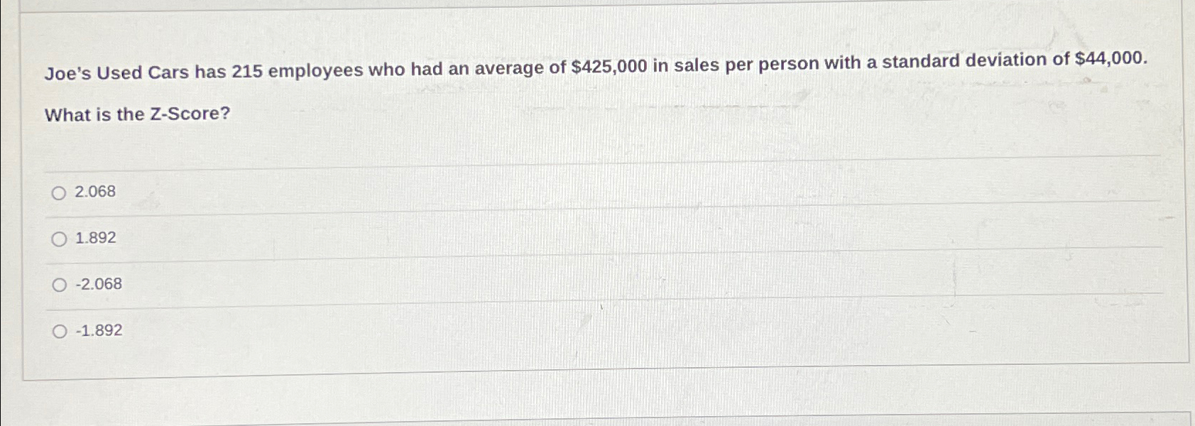Joe's Used Cars has 215 ﻿employees who had an average