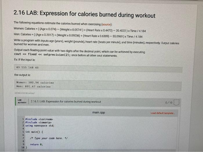 Solved 2.16 LAB Expression for calories burned during
