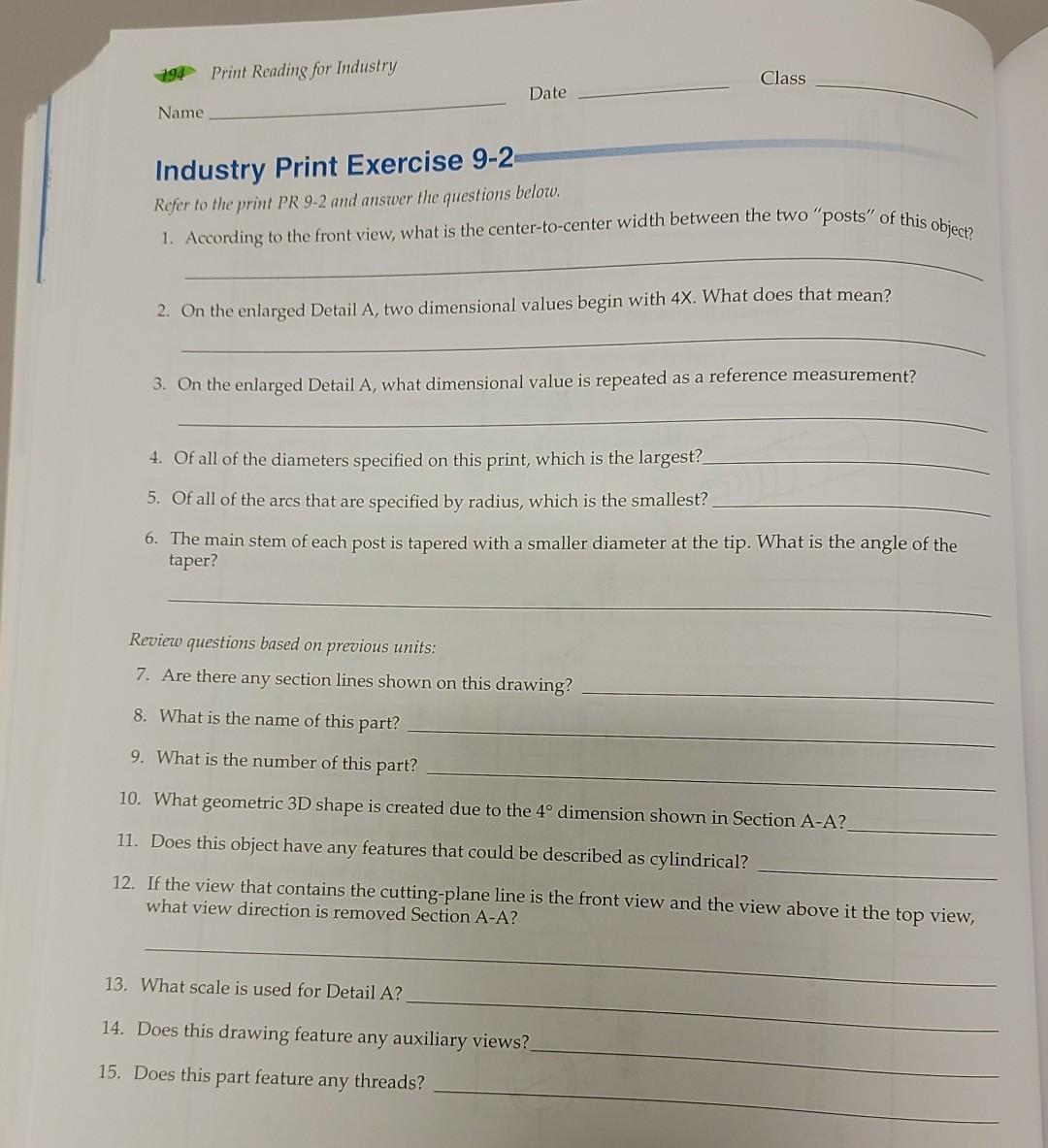 Solved 194 Print Reading for Industry Class Date Name | Chegg.com
