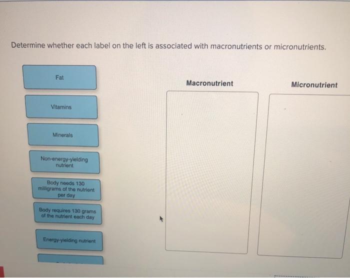 Macronutrients And Micronutrients List : Determine Whether Each Label On The Left Is Chegg Com