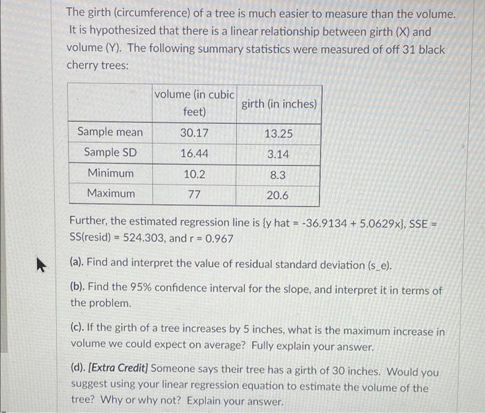 Solved The girth (circumference) of a tree is much easier to