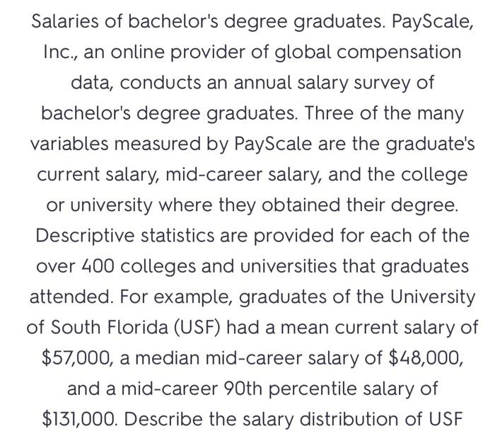 Solved Salaries of bachelor's degree graduates. PayScale,