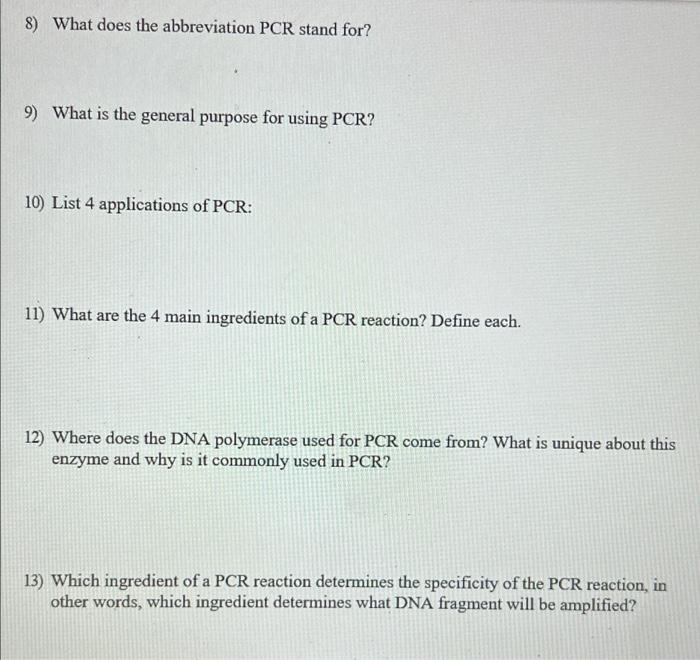 Solved 8) What does the abbreviation PCR stand for? 9) What