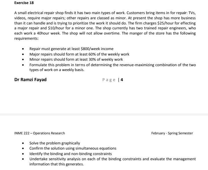 Solved Exercise 18 A small electrical repair shop finds it | Chegg.com