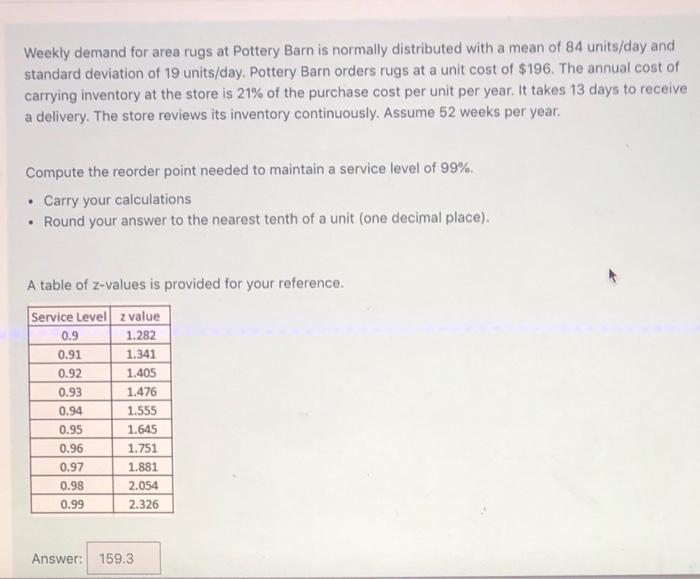 Solved Weekly demand for area rugs at Pottery Barn is