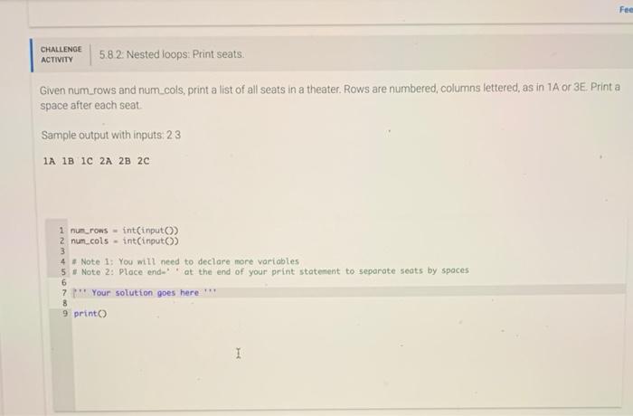 Fee CHALLENGE ACTIVITY 5.8 2. Nested loops Print