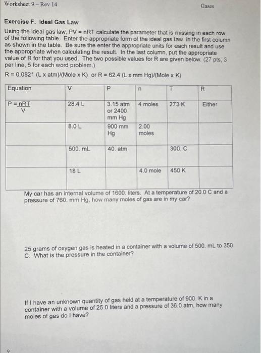 Solved Exercise E. Combined Gas Law Using the combined gas | Chegg.com