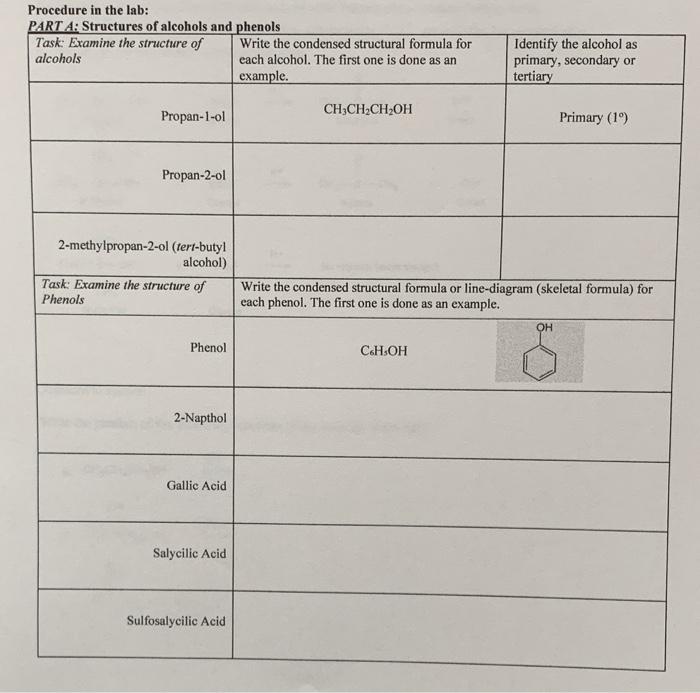 Solved Procedure in the lab PART A Structures of alcohols