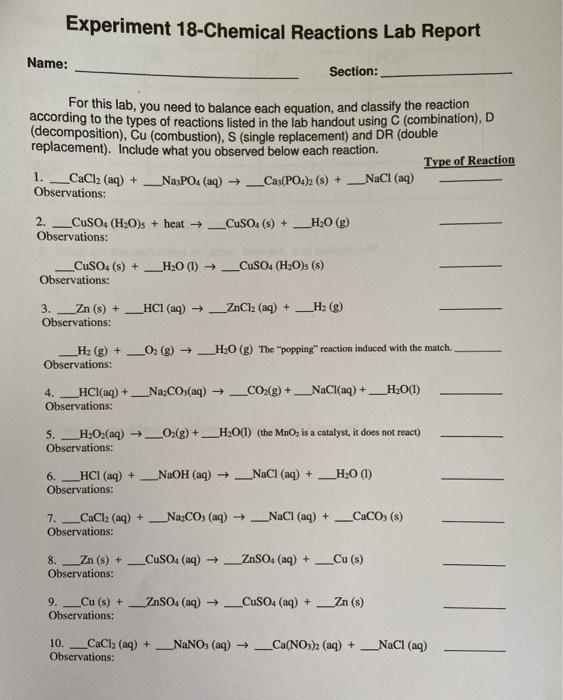 Solved Experiment 18Chemical Reactions Lab Report Name