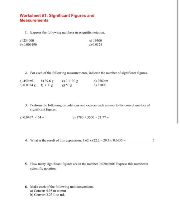 Solved Worksheet #1: Significant Figures and Measurements 1. | Chegg.com