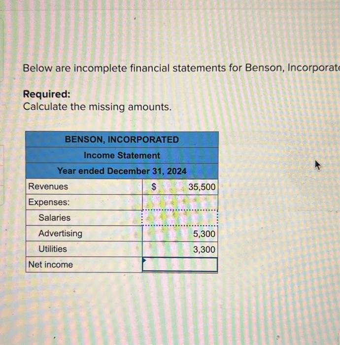 Below are financial statements for Benson,