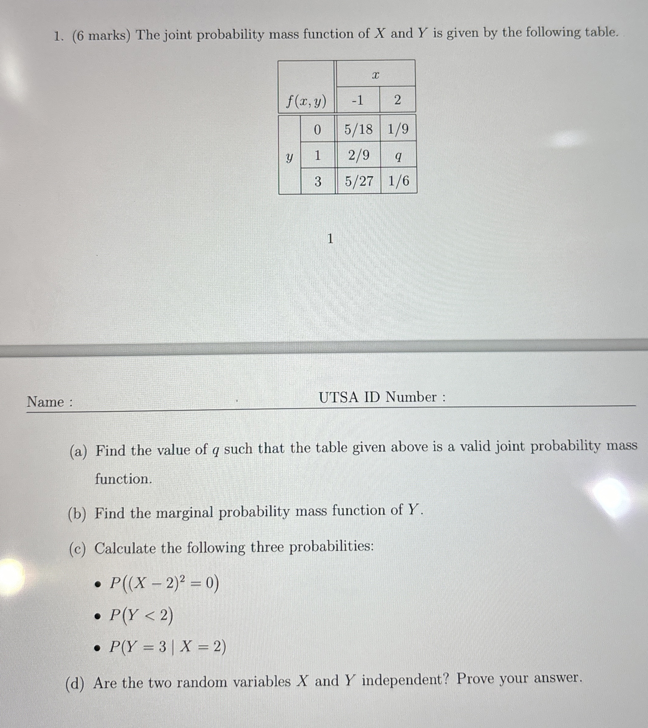 ( 6 ﻿marks) ﻿The joint probability mass function of x