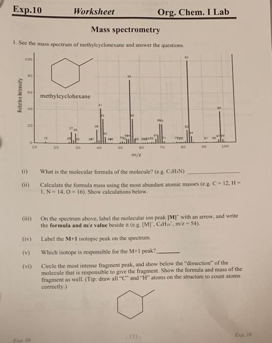 Solved Exp.10 Worksheet Org. Chem. I Lab Mass spectrometry