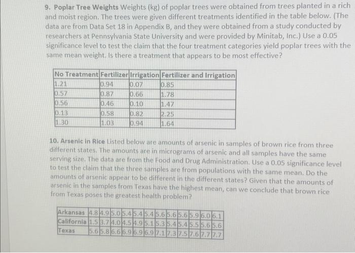 Solved 9. Poplar Tree Weights Weights (kg) of poplar trees