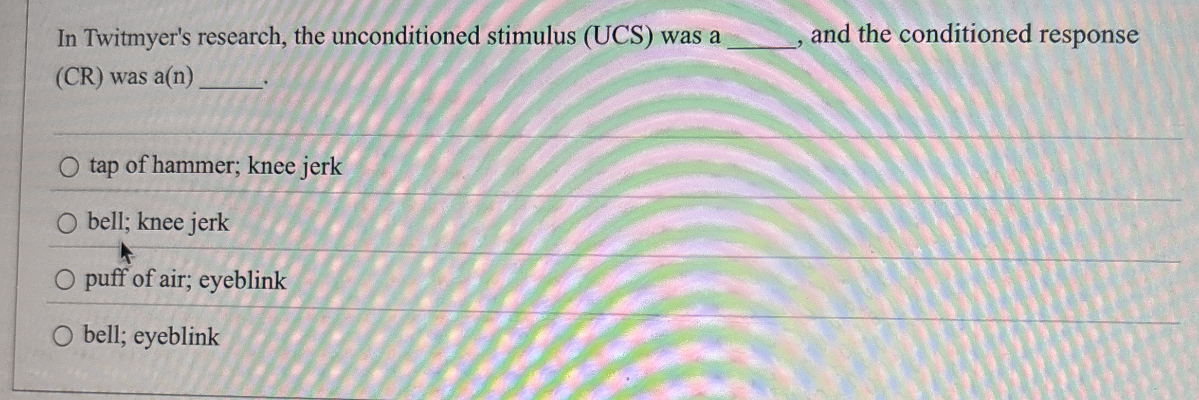 Solved In Twitmyer's research, the unconditioned stimulus