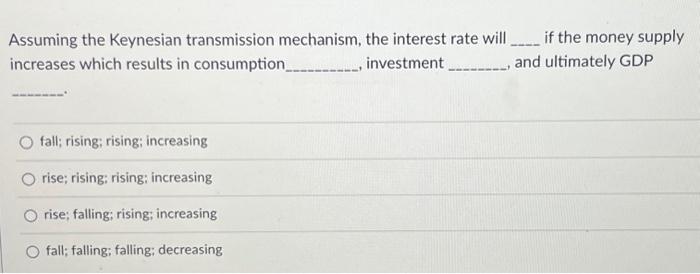 Solved Assuming the Keynesian transmission mechanism, the | Chegg.com