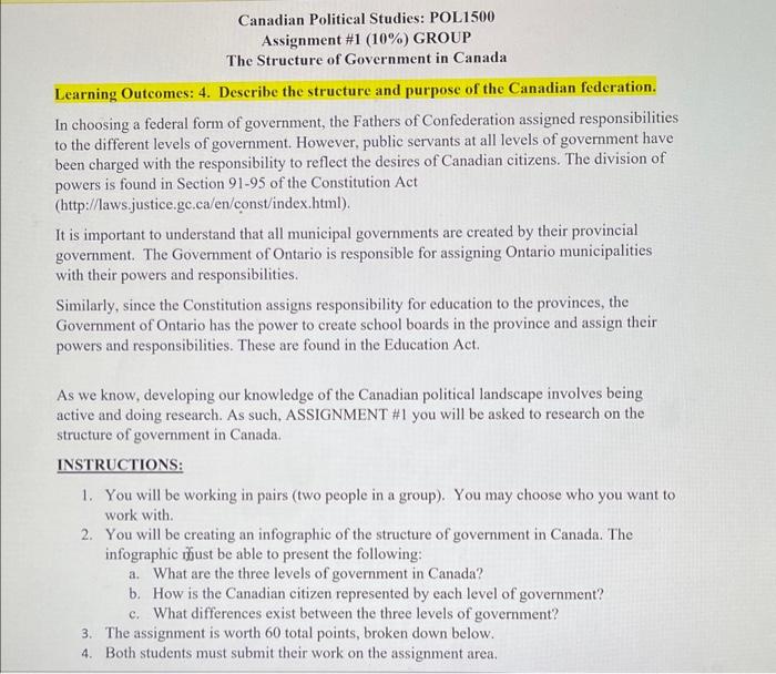 The Structure of Government in Canada Learning | Chegg.com