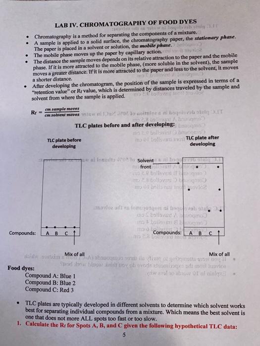 Solved . . LAB IV. CHROMATOGRAPHY OF FOOD DYES dolgo •