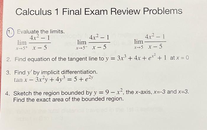 Solved Calculus 1 Final Exam Review Problems 2. Find | Chegg.com